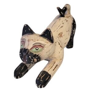 Siamese Cat Wooden Figurine Statue Green Eyes Stretching Animal Table Decoration